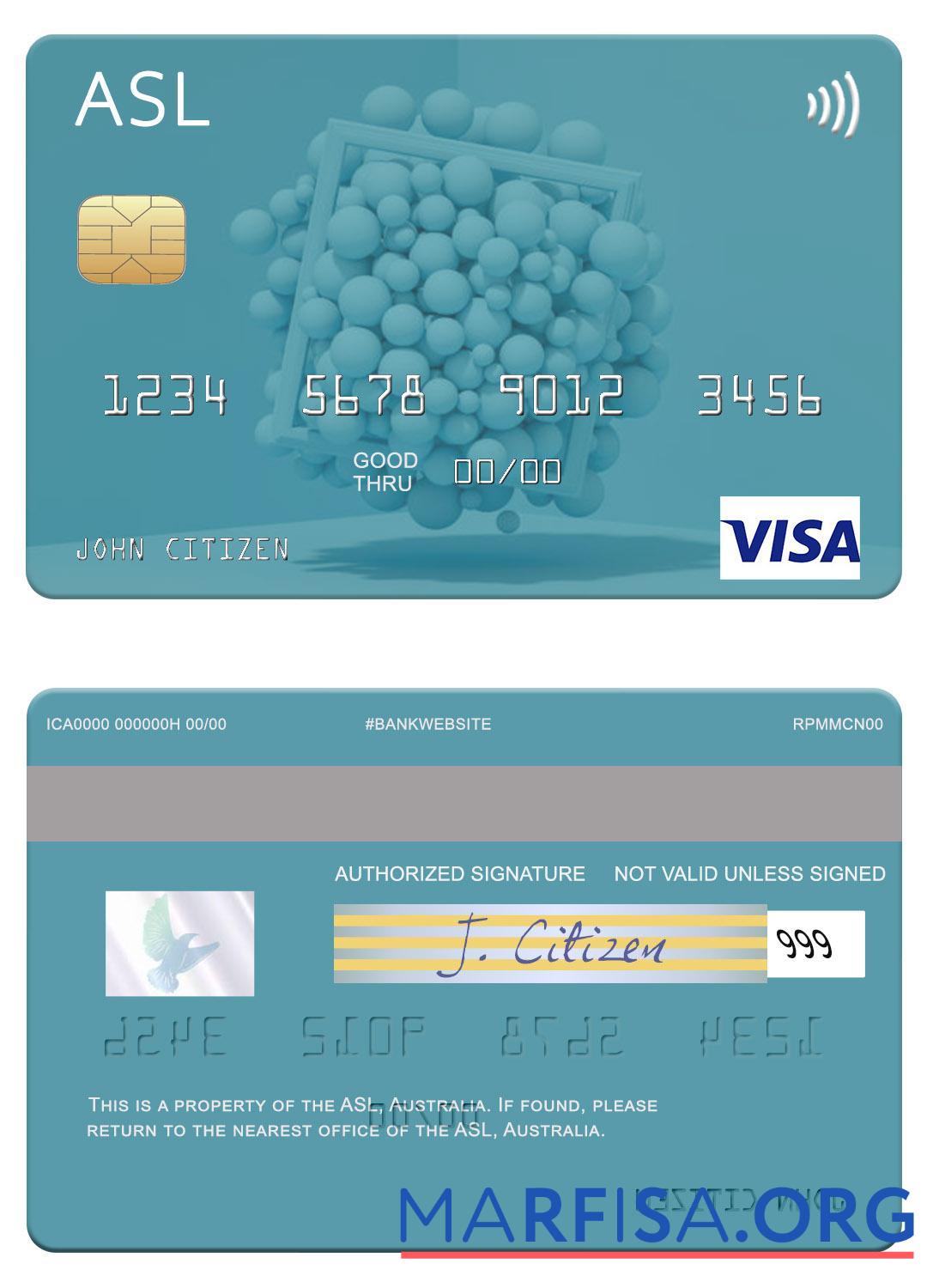 Blank Australia Australian Settlements Limited (ASL) visa card real example